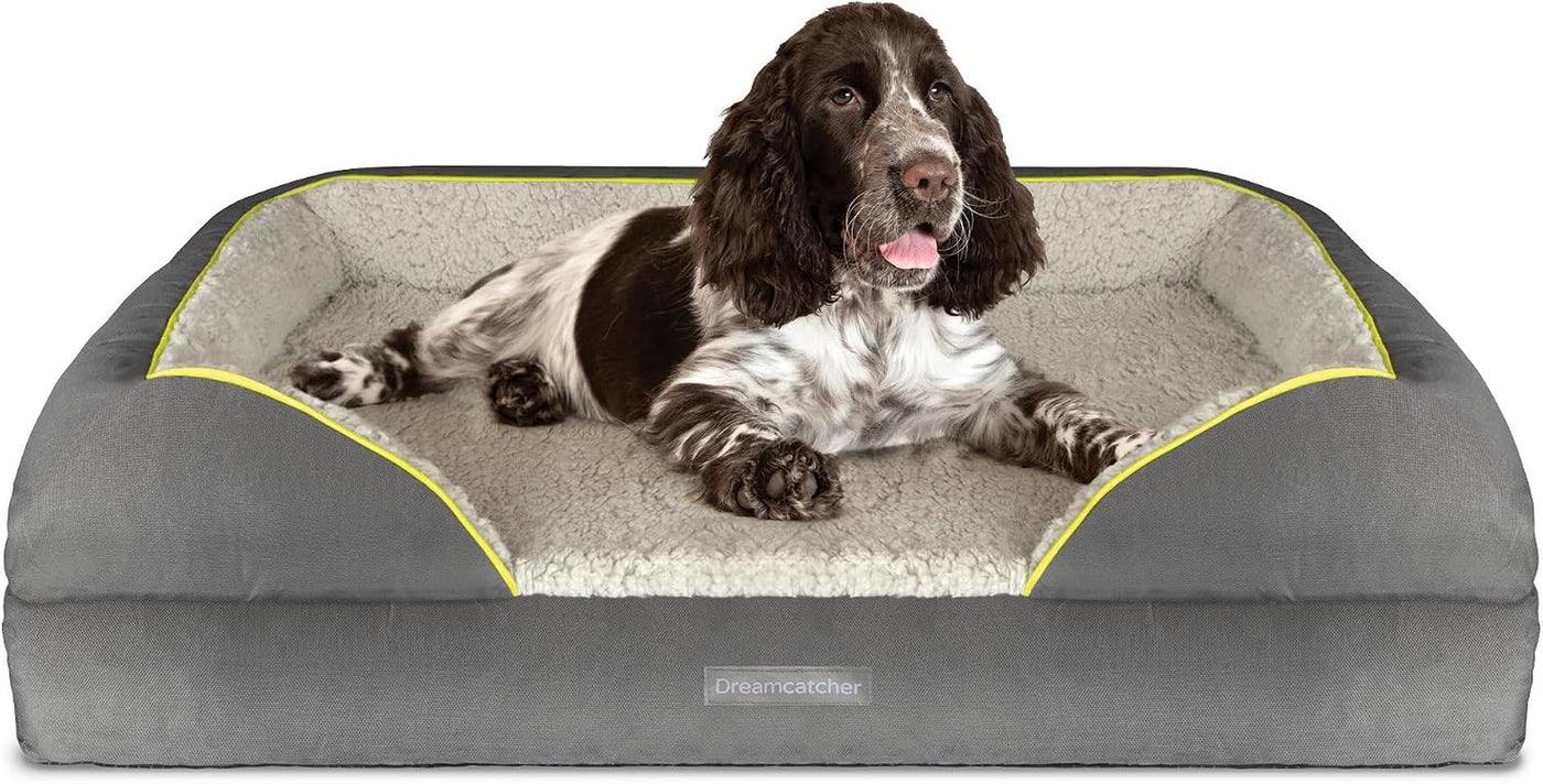 Dog Bed Large plus 97X71X20Cm, Orthopaedic Memory Foam Bolster and Non Slip Base with Sherpa Fleece Top. Grey Waterproof Oxford Fabric Sides and Removable Washable Cover
