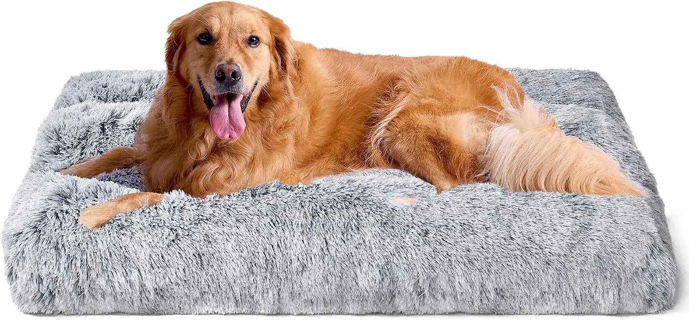 Extra Large Dog Bed XL, Fluffy Calming Dog Bed anti Anxiety Crate Bed Washable Cushion with Anti-Slip Bottom, Grey, 112X85X10Cm