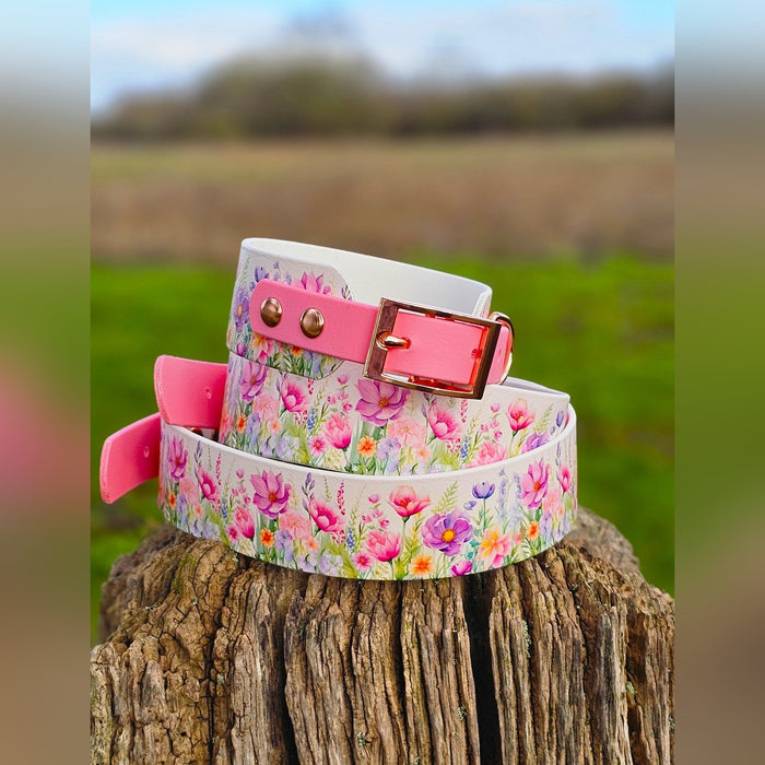 Pink Blossom - Printed Waterproof BioThane® Sighthound Collar / wide-fit Dog Collar