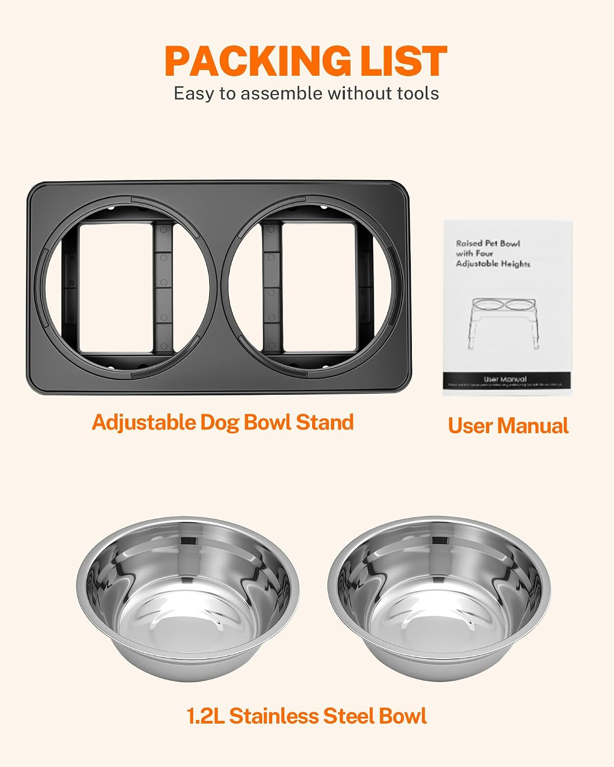 Raised Stainless Bowls – Two 1200ml, Height Adjustable